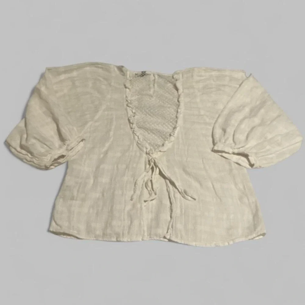 ZARA BASIC White Textured Lace Back‎ Puff Sleeve Boho Blouse Top M